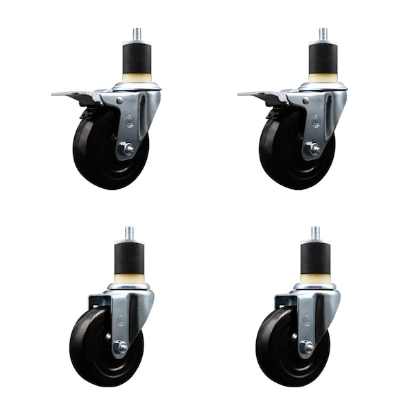 4'' Hard Rubber Swivel 1-7/8'' Expand Stem Caster Set 2 Total Lock Brakes, 4PK